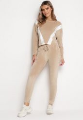 Beżowy Welurowy Komplet Dresowy z Bluzą i Spodniami Bellanna. Brązowe bluzy damskie Born2be, m, bez wzorów, z dresówki, bez kaptura. Za 129.99 zł.