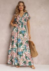 Biało-Zielona Sukienka z Wiskozy Maxi w Kwiaty Mahiza. Białe sukienki damskie Renee, bez wzorów, z tkaniny, bez ramiączek. W wyprzedaży za 67.99 zł.