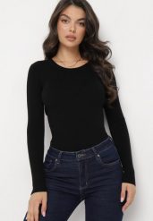 Czarny Sweter o Dopasowanym Fasonie z Prążkowanej Dzianiny Marinesa. Czarne swetry klasyczne damskie Born2be, m, z dzianiny, bez kołnierzyka. Za 59.99 zł.