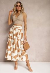 Beżowa Rozkloszowana Spódnica High Waist z Gumką w Talii i Guzikami Tinasshi. Brązowe spódnice damskie Renee, na lato, m, bez wzorów, z materiału, maxi. Za 69.99 zł.