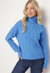 Niebieski Sweter z Golfem w Warkoczowy Splot ze Ściągaczami Maraiwai. Niebieskie golfy damskie Born2be, na jesień, ze splotem, bez kołnierzyka. Za 109.99 zł.