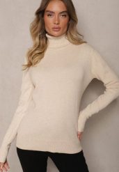 Beżowy Golf Sweter o Dopasowanym Kroju z Kaszmirem Zairith. Brązowe golfy damskie Renee, z aplikacjami, z jeansu, bez ramiączek. Za 79.99 zł.