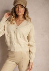 Beżowy Kardigan z Wiskozy Zdobiony Kwiatowymi Aplikacjami z Perełkami Gemirra. Brązowe kardigany damskie Renee, uniwersalny, z aplikacjami, z jeansu. Za 159.99 zł.