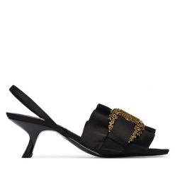 Sandały Versace Jeans Couture. Czarne sandały damskie Versace Jeans Couture, bez wzorów, z jeansu, bez obcasa, na szpilce, bez zapięcia. Za 969.99 zł.