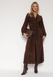 Brązowa Sukienka z Marszczeniem i Rozcięciem na Nogę Zobella. Brązowe sukienki damskie Born2be, bez wzorów, wizytowe, bez ramiączek. Za 159.99 zł.