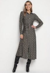 Czarno-Szara Sukienka Koszulowa w Mozaikowy Wzór z Wiązanym Paskiem Sailise. Czarne sukienki damskie Born2be, bez wzorów, eleganckie, bez ramiączek. W wyprzedaży za 161.49 zł.