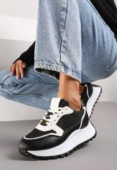 Czarne Sneakersy na Platformie z Ozdobną Wstawką na Sznurowadłach Amirora. Czarne obuwie sportowe damskie Renee, z jeansu, bez zapięcia. Za 89.99 zł.