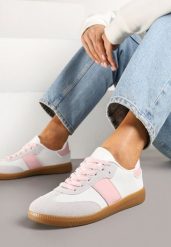 Biało-Różowe Sneakersy Tenisówki w Kultowym Stylu Neolithaen. Białe obuwie sportowe damskie Renee, z jeansu, bez zapięcia, tenisowe. Za 74.99 zł.