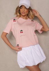 Różowy T-shirt z Bawełny z Haftowanymi Detalami w Wiśnie Nevianeva. Czerwone t-shirty damskie Renee, m, bez wzorów, z bawełny, bez kołnierzyka. Za 34.99 zł.