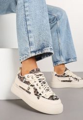 Beżowe Sneakersy z Panterkowym Wzorem Calidi. Brązowe obuwie sportowe damskie Born2be, z jeansu, bez zapięcia. Za 109.99 zł.