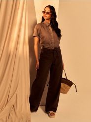 Jeansy wide leg high waist z materiałowym paskiem - brązowy. Brązowe jeansy damskie Sinsay, z podwyższonym stanem. Za 59.99 zł.