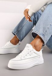 Biało-Szare Sneakersy na Platformie z Tłoczeniem i Sznurowaniem Erisandria. Białe obuwie sportowe damskie Renee, z materiału, bez zapięcia. Za 79.99 zł.