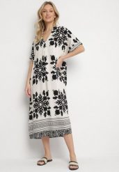 Biała Sukienka Pudełkowa z Wiskozy z Dekoltem w Serek w Etniczny Wzór Abrellis. Białe sukienki damskie Born2be, bez wzorów, z wiskozy, eleganckie, bez ramiączek. Za 99.99 zł.