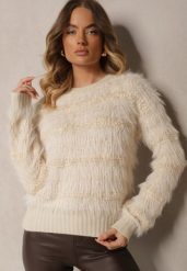 Jasnobeżowy Sweter z Wełną Ozdobiony Ściągaczami i Długim Włosiem Sialora. Brązowe swetry klasyczne damskie Renee, na jesień, z jeansu, bez kołnierzyka. Za 69.99 zł.