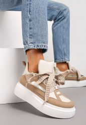 Beżowe Sneakersy Na Niskiej Platformie z Szerokimi Sznurówkami we Wzorek Vidira. Brązowe obuwie sportowe damskie Renee, z materiału, bez zapięcia. Za 99.99 zł.