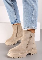 Ciemnobeżowe Botki na Grubej Podeszwie Ozdobione Suwakiem Tarilia. Brązowe botki damskie Born2be, z jeansu, eleganckie, bez obcasa, na obcasie, bez zapięcia. Za 129.99 zł.