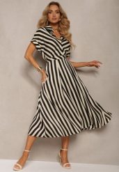 Beżowo-Czarna Rozkloszowana Sukienka z Gumką w Talii i Guzikami z Printem w Paski Jentia. Brązowe sukienki damskie Renee, bez wzorów, eleganckie, bez ramiączek. W wyprzedaży za 127.99 zł.