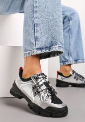 Srebrne Sneakersy na Płaskiej Lekko Podwyższonej Podeszwie Ozdobione Paskami z Cyrkoniami Eyanna. Szare obuwie sportowe damskie Born2be, bez zapięcia. Za 69.99 zł.