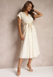 Beżowa Rozkloszowana Koszulowa Sukienka z Bawełny z Ażurowym Zdobieniem i Paskiem Ilosofia. Brązowe sukienki damskie Renee, z aplikacjami, z bawełny, eleganckie, bez ramiączek. W wyprzedaży za 135.99 zł.