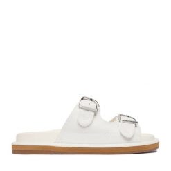 Klapki Guess Jeans. Białe klapki damskie Guess Jeans, z aplikacjami, z jeansu, bez obcasa, bez zapięcia. Za 249.99 zł.