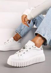 Biało-Srebrne Sneakersy na Platformie Ozdobione Metaliczną Wstawką i Aplikacjami z Cyrkonii Qulina. Białe obuwie sportowe damskie Renee, z materiału, bez zapięcia. Za 89.99 zł.