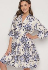 Niebieska Rozkloszowana Sukienka z Lnem z Metalicznym Nadrukiem Filasenia. Niebieskie sukienki damskie Born2be, bez wzorów, z wiskozy, eleganckie, bez ramiączek. Za 109.99 zł.