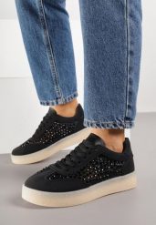 Czarne Sneakersy na Grubej Podeszwie Ozdobione Cyrkoniami Orinrya. Czarne obuwie sportowe damskie Born2be, z jeansu, bez zapięcia. Za 119.99 zł.