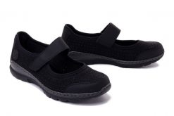 RIEKER L32B5-00 black, półbuty damskie. Czarne półbuty damskie Rieker, na lato, bez wzorów, bez obcasa, bez zapięcia. Za 255.92 zł.