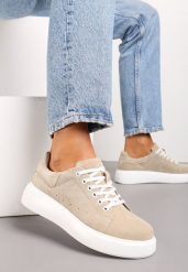 Beżowe Sneakersy z Ozdobnym Zapiętkiem Emicca. Brązowe obuwie sportowe damskie Renee, na lato, ze skóry, bez zapięcia. Za 159.99 zł.