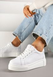 Białe Sneakersy Skórzane na Platformie z Ozdobą i Perforacją Neolivia. Białe obuwie sportowe damskie Renee, z jeansu, bez zapięcia. Za 119.99 zł.