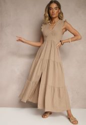 Beżowa Sukienka z Wiskozy Ozdobiona Falbankami Sadovene. Brązowe sukienki damskie Renee, bez wzorów, z wiskozy, eleganckie, bez ramiączek. W wyprzedaży za 63.99 zł.