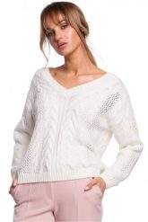 Lekki sweter damski ażurowy z dekoltem V splot w warkocz kremowy. Białe swetry klasyczne damskie Polskie swetry, l, z dzianiny, bez kołnierzyka. Za 245.00 zł.
