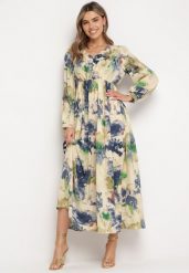 Beżowo-Zielona Maxi Rozkloszowana z Guzikami w Abstrakcyjny Print Falitta. Brązowe sukienki damskie Born2be, bez wzorów, bez ramiączek. W wyprzedaży za 161.49 zł.