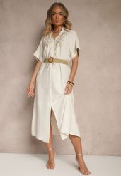 Beżowa Koszulowa Sukienka z Lnu i Wiskozy z Haftem i Plecionym Paskiem Atelessa. Brązowe sukienki damskie Renee, bez wzorów, z materiału, eleganckie, bez ramiączek. W wyprzedaży za 135.99 zł.