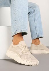 Jasnobeżowe Sneakersy na Tłoczonej Platformie z Ażurową Cholewką Ronfira. Brązowe obuwie sportowe damskie Renee, bez zapięcia. Za 74.99 zł.