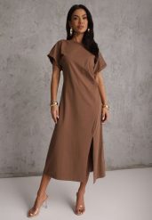 Brązowa Rozkloszowana Sukienka Zdobiona Drapowaniem w Talii i Rozcięciem Uziola. Brązowe sukienki damskie Renee, z aplikacjami, bez ramiączek. Za 89.99 zł.