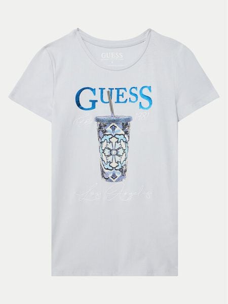 Guess T-Shirt J5GI08 K6YW4 Błękitny Regular Fit. Niebieskie koszulki i t-shirty dziewczęce Guess, z aplikacjami, z bawełny, bez kołnierzyka, bez ramiączek. Za 59.99 zł.