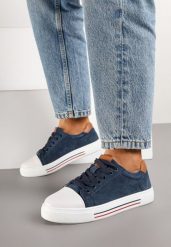 Granatowe Skórzane Trampki na Płaskiej Podeszwie ze Skórzaną Wkładką i Kontrastowym Noskiem Helili. Niebieskie trampki damskie Born2be, bez wzorów, z jeansu, bez zapięcia. Za 79.99 zł.