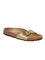 Birkenstock Klapki "Madrid" w kolorze złotym rozmiar: 42. Żółte klapki damskie Birkenstock, bez wzorów, z otwartym noskiem, bez obcasa, bez zapięcia. Za 276.05 zł.