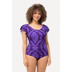 Damski Kostium kąpielowy ornamenty falbanki na ramionach miękkie miseczki. Fioletowe stroje jednoczęściowe Ulla Popken, bez wzorów, z elastanu. Za 244.99 zł.