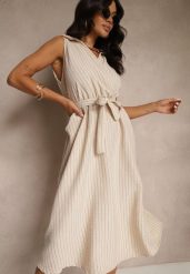 Beżowa Koszulowa Sukienka Bez Rękawów z Wiązanym Paskiem Lideene. Brązowe sukienki damskie Renee, bez wzorów, eleganckie, bez ramiączek. W wyprzedaży za 99.99 zł.