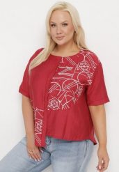 Bordowa Bawełniana Bluzka T-shirt z Krótkim Rękawem z Nadrukiem i Guzikami Fiomara. Czerwone bluzki damskie Born2be, l, bez wzorów, z bawełny, bez kołnierzyka. Za 54.99 zł.
