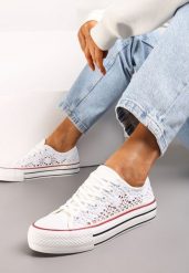 Białe Krótkie Trampki z Ażurowego Materiału Bremavia. Białe trampki damskie Renee, w ażurowe wzory, bez zapięcia. Za 54.99 zł.
