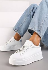 Biało-Srebrne Sneakersy z Biżuteryjnymi Aplikacjami i Platformą Tanami. Białe obuwie sportowe damskie Renee, bez zapięcia. Za 89.99 zł.