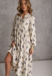 Jasnobeżowa Wiskozowa Sukienka o Rozkloszowanym Kroju z Guzikami przy Dekolcie Seave. Brązowe sukienki damskie Renee, bez wzorów, z tkaniny, boho, bez ramiączek. Za 129.99 zł.