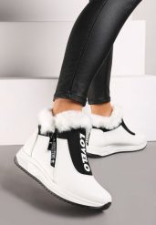 Białe Sneakersy na Płaskiej Podeszwie Ozdobione Futerkiem i Napisami Rialises. Białe obuwie sportowe damskie Renee, na zimę, z jeansu, bez zapięcia. Za 84.99 zł.