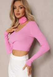 Fuksjowa Prążkowana Bluzka o Krótkim Fasonie Choker z Kwiatem w Komplecie Laindera. Czerwone bluzki damskie Renee, bez wzorów, z jeansu, eleganckie, bez kołnierzyka, bez ramiączek. Za 119.99 zł.