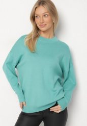 Zielony Gładki Sweter z Rękawami Typu Nietoperz Ralanevia. Zielone swetry klasyczne damskie Born2be, l, bez kołnierzyka. Za 79.99 zł.