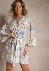 Jasnoniebieski Kopertowy Kombinezon z Wiązanym Paskiem i Rozszerzanymi Rękawami Telurea. Niebieskie sukienki damskie Renee, bez wzorów, eleganckie, bez ramiączek. W wyprzedaży za 83.99 zł.