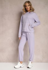 Jasnofioletowy Dzianinowy Komplet Dresowy z Bluzą i Spodniami Amlore. Fioletowe bluzy damskie Renee, l, bez wzorów, z dresówki, z kapturem. Za 74.99 zł.